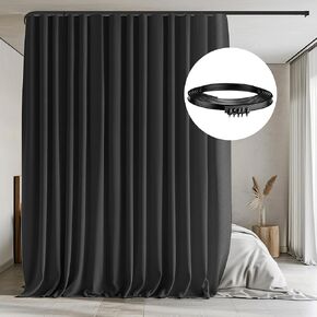 Ceiling Curtain Track Sets Room Divider Curtain Ceiling Track for Curtain Flexible Curtain Track Window Blackout Curtains,W100 x H84 Inch 1Panel Black Curtain and Black Track