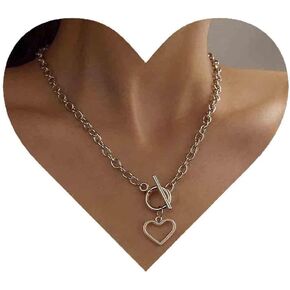 Boho Love Heart Choker Necklace Silver Paper Clip Necklace Heart Toggle Necklace Open Circle T Bar Necklaces Chain for Women