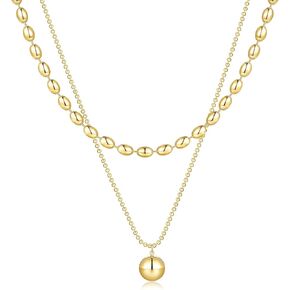 KissYan Gold Layered Beaded Necklace, 14K Gold Plated Drop Pendant Necklace for Women, High-Polished Adjustable Stackable Trendy Fashion Jewelry Gifts