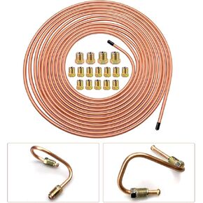 17 PCS 3/16 Car Brake Tubing Kit, 1 PC 25Ft Metal Vehicle Brake Line Tubing, Universal 16 PCS Waterproof Durable Automotive Brake Union Accessories for Trucks SUVs Boats Cars (Gold)