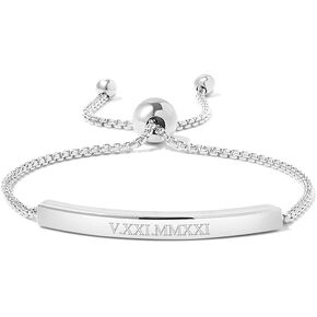 EVE'S ADDICTION Personalized Roman Numeral Name Bar Silver Bolo Bracelet - Custom Bracelet for Her - Graduation Gift - Gifts for Mom