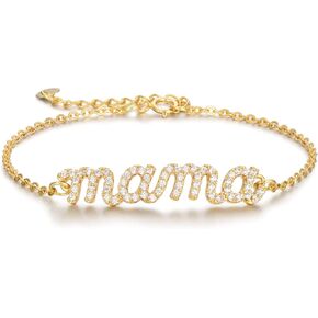 Jewelry for Women Mama Bracelet for Mom 24K Real Gold Filled 925 Sterling Silver Gifts for Mom Birthday Mother's Day Valentines Day Gifts for Mom from Daughter, Mama Charm Bracelets for New Mom,