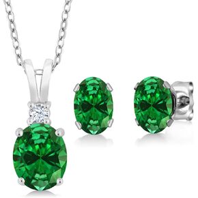Gem Stone King 925 Sterling Silver Oval Green Simulated Emerald Pendant and Earrings Jewelry Set For Women (4.63 Cttw, Oval 8X6MM and 7X5MM, with 18 Inch Silver Chain)