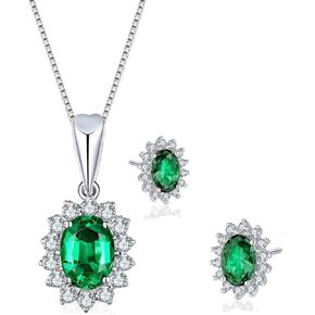 la luen S925 Silver Oval Gemstone Necklace & Stud Earrings Diana Kate Middleton Class Gemstone Birthstone Sapphire Emerald Ruby Jewelry Set For Women Anniversary Wedding Birthday