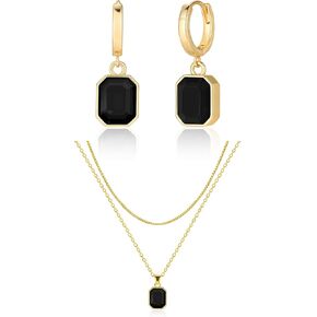 Lourny Gold Earrings and Layered Crystal Necklace Set for Women, 18K Gold Plated Choker Black Dainty Chain Trendy Jewelry for Women Gifts