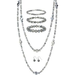 Trendy Infinity Wrap 60’’ Long Statement Necklace, Earrings and Bracelet Set - Hand Knotted Versatile Crystal and Shell Beads Strand Necklace and Chunky Beaded Stretch Bracelet Stack – Jewelry Set Gift for Women