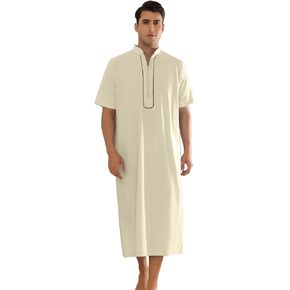 Lars Amadeus Long Nightgown for Men's Loose Fit Short Sleeves Stand Collar Zipper Nightshirts