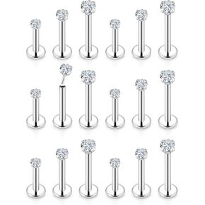 Vsnnsns 16G 18G 20G Threadless Push in Lip Rings Stainless Steel Flat Back Nose Rings Studs Tragus Helix Conch Cartilage Lobe Earrings Stud Piercing Jewelry for Women Men Diamond CZ Silver 18PCS