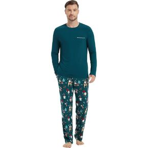 NACHILA Pajamas Set for Men-Viscose Made from Bamboo, Long Sleeve Pjs Top with Plaid Pants Pajama Sets Soft Mens Sleepwear