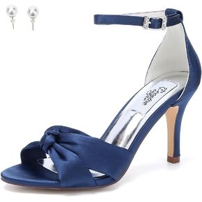Women's Satin High Heel Sandals Bowknot Crossed strappy Wedding Party Shoes with pearl Eearrings