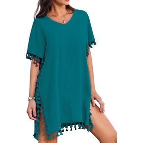 AI'MAGE Women Bathing Suit Cover Up Tassel Swimsuit Coverup Short Sleeve Beach Cover Ups Dress V Neck Beach Wear S-3XL