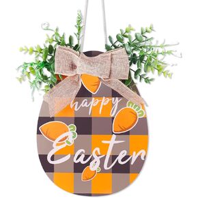 Honitra Happy Easter Door Sign, Egg Shaped Easter Signs, Easter Welcome Sign for Front Door & Wall Deocr, Wooden Easter Sign with Bow & Leaves, Happy Easter Sign for Door Decorations, Easter Egg Them
