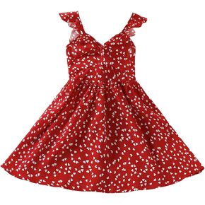 WDIRARA Toddler Girl's Heart Print V Neck Twist Front Ruffle Trim Sleeveless Shirred Aline Dress