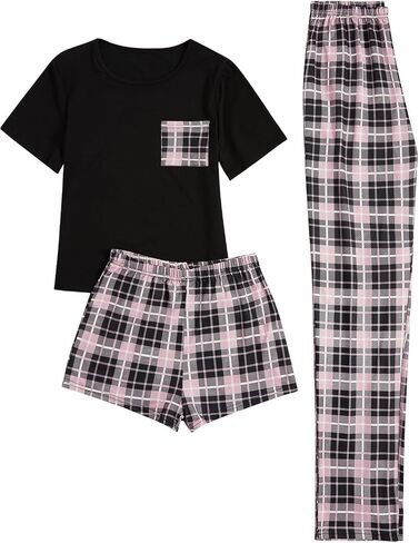 Verdusa Women's 3 Piece Cute Pajama Sets Plaid Pajama Pants Short Sleeve T Shirt Lounge Pj Sets in Saudi Arabia