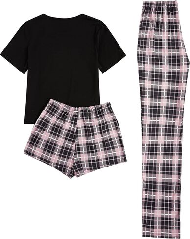 Verdusa Women's 3 Piece Cute Pajama Sets Plaid Pajama Pants Short Sleeve T Shirt Lounge Pj Sets in Saudi Arabia