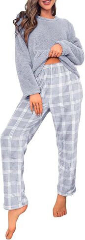SOLY HUX Women's Pajama Set Fuzzy Long Sleeve Tee Tops and Plaid Pants Loungewear Sleepwear in Kuwait