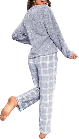 SOLY HUX Women's Pajama Set Fuzzy Long Sleeve Tee Tops and Plaid Pants Loungewear Sleepwear in Kuwait