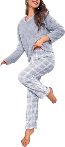 SOLY HUX Women's Pajama Set Fuzzy Long Sleeve Tee Tops and Plaid Pants Loungewear Sleepwear in Kuwait