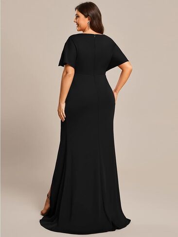 Ever-Pretty Plus Women's Plus Size V Neck Hollow Out Sequin Sleeve Pleated High Slit Evening Dresses 01777-DA in Saudi Arabia