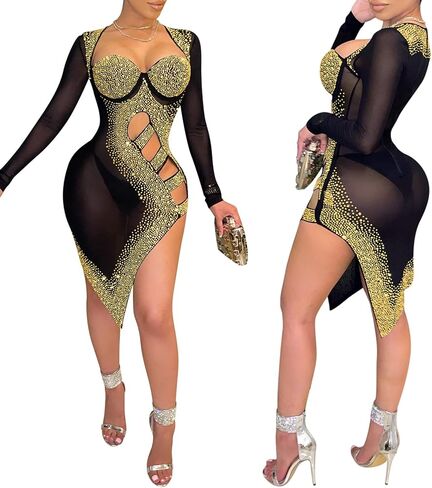 CUTUBLY Women Long Sleeve Birthday Dresses Rhinestone Cut Out Bodycon Mini Club Sexy Dress Party Club Night Dress in Kuwait
