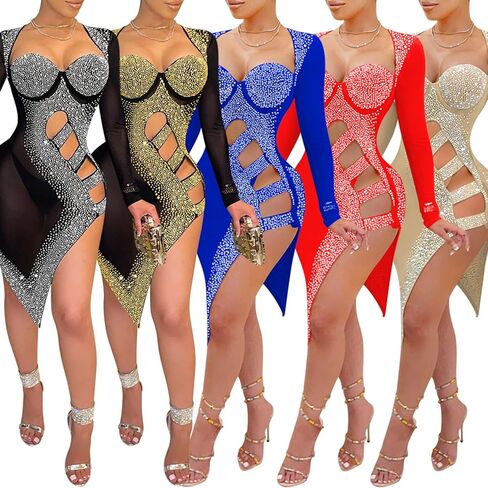 CUTUBLY Women Long Sleeve Birthday Dresses Rhinestone Cut Out Bodycon Mini Club Sexy Dress Party Club Night Dress in Kuwait