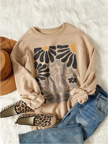 Women's Graphic Crew Neck Sweatshirt Long Sleeve Drop Shoulder Pullover Tops in Saudi Arabia
