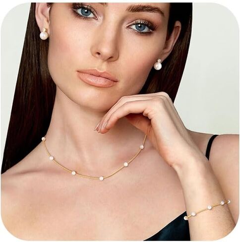 مجموعة مجوهرات ذهبية للنساء، قلادة من اللؤلؤ المطلي بالذهب عيار 14 قيراط ومجموعة أقراط من اللؤلؤ وأقراط من اللؤلؤ وأساور من اللؤلؤ وقلادة من اللؤلؤ ومجموعة مجوهرات الزفاف للهدايا in Kuwait