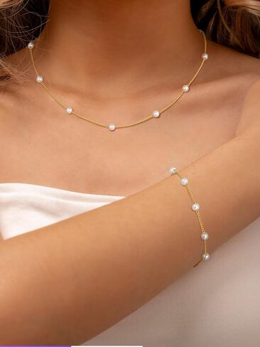 مجموعة مجوهرات ذهبية للنساء، قلادة من اللؤلؤ المطلي بالذهب عيار 14 قيراط ومجموعة أقراط من اللؤلؤ وأقراط من اللؤلؤ وأساور من اللؤلؤ وقلادة من اللؤلؤ ومجموعة مجوهرات الزفاف للهدايا in Kuwait