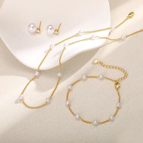 مجموعة مجوهرات ذهبية للنساء، قلادة من اللؤلؤ المطلي بالذهب عيار 14 قيراط ومجموعة أقراط من اللؤلؤ وأقراط من اللؤلؤ وأساور من اللؤلؤ وقلادة من اللؤلؤ ومجموعة مجوهرات الزفاف للهدايا in Kuwait