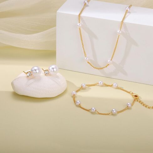 مجموعة مجوهرات ذهبية للنساء، قلادة من اللؤلؤ المطلي بالذهب عيار 14 قيراط ومجموعة أقراط من اللؤلؤ وأقراط من اللؤلؤ وأساور من اللؤلؤ وقلادة من اللؤلؤ ومجموعة مجوهرات الزفاف للهدايا in Kuwait