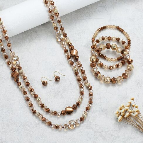 Trendy Infinity Wrap 60’’ Long Statement Necklace, Earrings and Bracelet Set - Hand Knotted Versatile Crystal and Shell Beads Strand Necklace and Chunky Beaded Stretch Bracelet Stack – Jewelry Set Gift for Women in Saudi Arabia