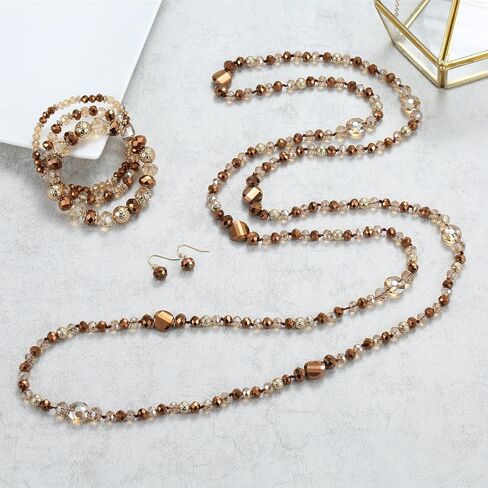 Trendy Infinity Wrap 60’’ Long Statement Necklace, Earrings and Bracelet Set - Hand Knotted Versatile Crystal and Shell Beads Strand Necklace and Chunky Beaded Stretch Bracelet Stack – Jewelry Set Gift for Women in Saudi Arabia