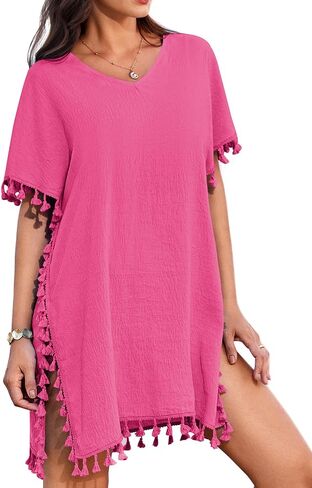 AI'MAGE Women Bathing Suit Cover Up Tassel Swimsuit Coverup Short Sleeve Beach Cover Ups Dress V Neck Beach Wear S-3XL in Saudi Arabia