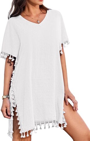 AI'MAGE Women Bathing Suit Cover Up Tassel Swimsuit Coverup Short Sleeve Beach Cover Ups Dress V Neck Beach Wear S-3XL in Saudi Arabia