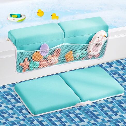 Baby Bath Kneeler and Elbow Rest Pad Set,Baby Bathtub Mat for Newborn Essentials Must Haves,Kneeling Pad with Soft Memory Foam and Bath Toy Organizer,Silicone Brush Bath Sponge,Blue in Kuwait