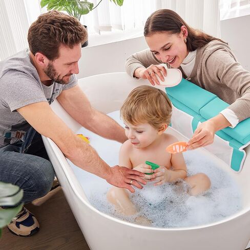 Baby Bath Kneeler and Elbow Rest Pad Set,Baby Bathtub Mat for Newborn Essentials Must Haves,Kneeling Pad with Soft Memory Foam and Bath Toy Organizer,Silicone Brush Bath Sponge,Blue in Kuwait