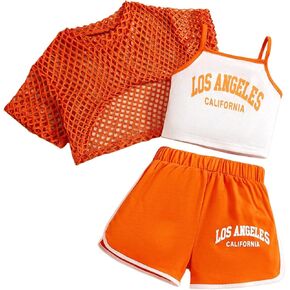 Verdusa Girl's 3 Piece Outfit Letter Print Cami Top and Shorts with Fishnet Tee Top