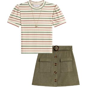 Beautees girls 2 Piece Set Stripe Mock Neck Top With Belted Skirt and Necklace