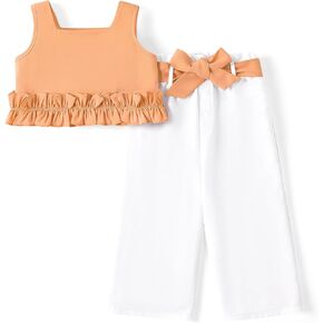 باتبات طفل الفتيات ملابس الصيف 2 قطعة بلا أكمام تانك الأعلى مع مطوي تنحنح و Bowknot بنطال ذو قصة أرجل واسعة الملابس مجموعة in Kuwait