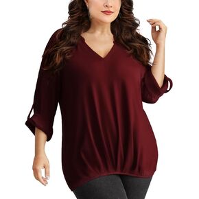Womens Tops Plus Size Tunic V Neck T-Shirts Casual Loose Plain Pleated Blouses Roll up Sleeves