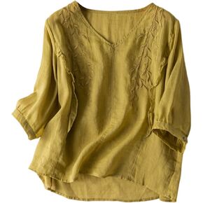 Linen Shirts for Women Summer Retro Leaf Embroidered V Neck Blouse Loose Tops