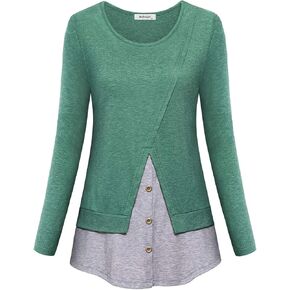 Womens Trendy Casual Long Sleeve Scoop Neck Button Décor Color Block Tops in Kuwait