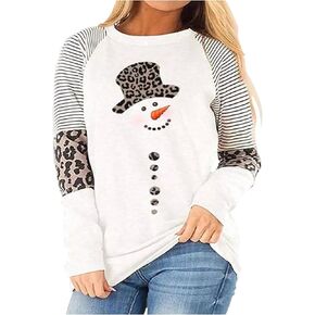 LANMERTREE Plus-Size Christmas Snowman Striped Leopard Tops for Women Color Block Casual Long Sleeve Striped Pullover