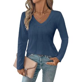 TICTICMIMI Women's V Neck Long Sleeve Henley Shirts Casual Pleated Tunic Tops