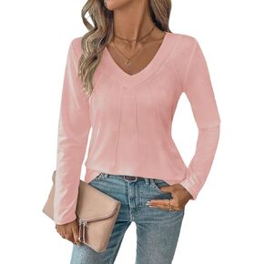 TICTICMIMI Women's V Neck Long Sleeve Henley Shirts Casual Pleated Tunic Tops in Saudi Arabia