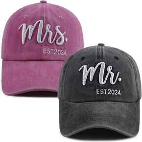 2PCS Mr and Mrs 2024 Hats for Men Women, Adjustable Cotton 3D Embroidered Gifts Baseball Cap
