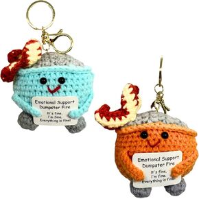 2PCS Emotional Support Dumpster Fire with Keychain,Funny Desk Accessories,Handmade Crochet Doll Toy,Christmas Ornament with Positive Card,Emotional Support Crochet Gift Desk Decor (Green & Red)