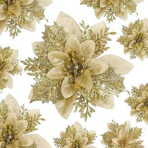 24 Pcs Poinsettias Artificial Christmas Flowers -5.5" Poinsettia Flowers Artificial Poinsettia Christmas Decorations -Fake Poinsettias for Xmas Tree New Year Ornaments with Clips & Sticks（Gold ）