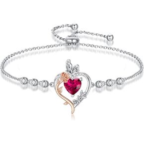 TOUPOP Rose Heart Birthstone Bracelet for Women 925 Sterling Silver Butterfly Heart Bracelet Love Birthstone Jewelry Anniversary Birthday Christmas Gifts for Her Girlfriend Wife Mom