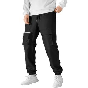 Mens Trousers Men Flap Pocket Drawstring Waist Cargo Pants - Black
